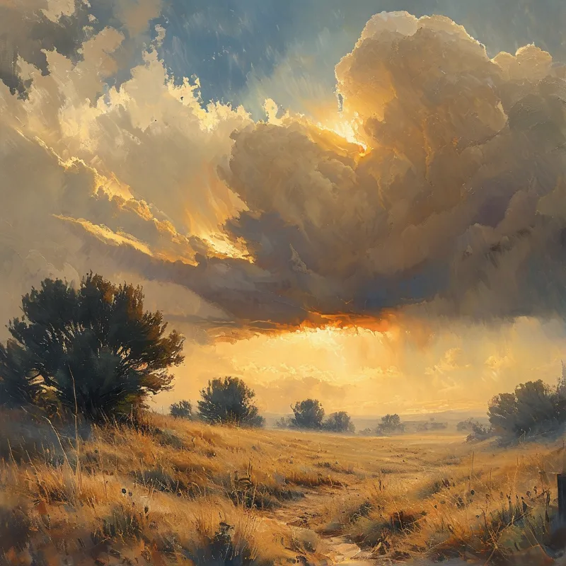 An expressive oil painting shows radiant clouds breaking over a dry prairie scattered with dark shrubs.