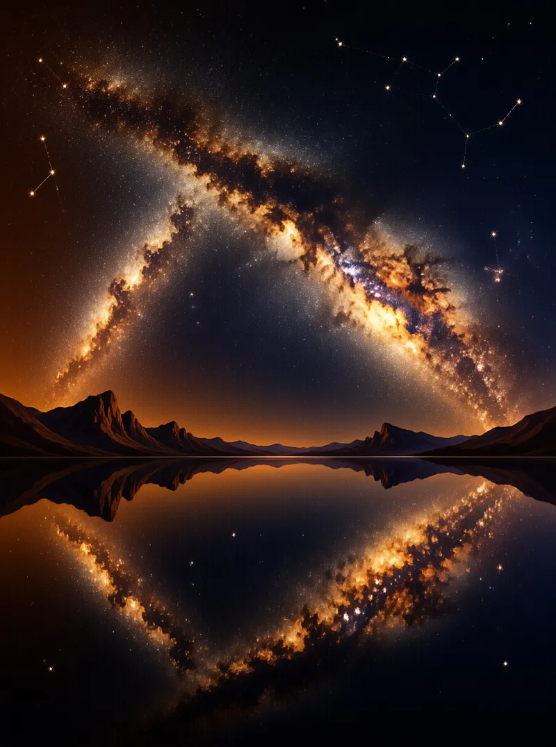 Luminous galactic clouds stretch above a mountain range with a perfect mirror reflection.