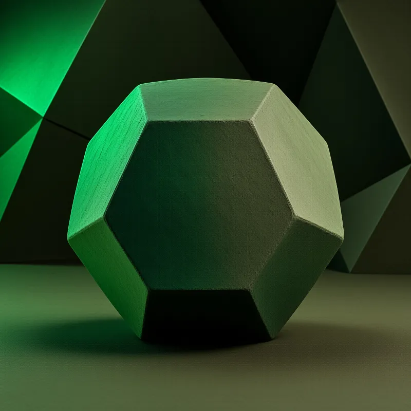 A matte geometric stone shape sits in a dark room illuminated by bright green light from the left side casting deep shadows.