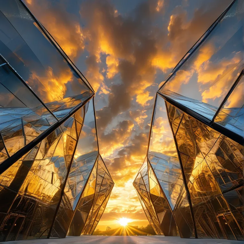 A modern glass structure reflects a vibrant sunset, with warm orange light illuminating the clouds and architectural details