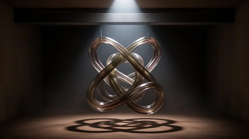 A glossy amber twisted sculpture hangs suspended in a dark room, illuminated by a bright overhead beam casting shadows.
