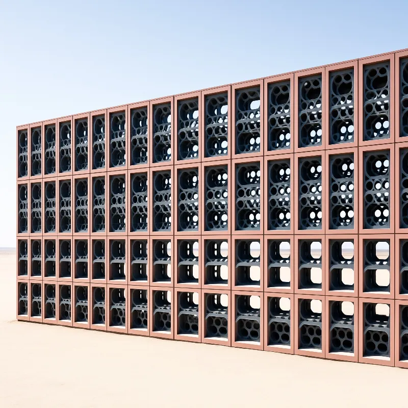 A grid of perforated concrete blocks forms a wall in a sandy desert with sky visible through the holes under sunlight