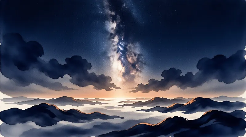 Dark blue mountain ridges rise above a pale cloud sea while luminous Milky Way streaks through clouds above a peach horizon.