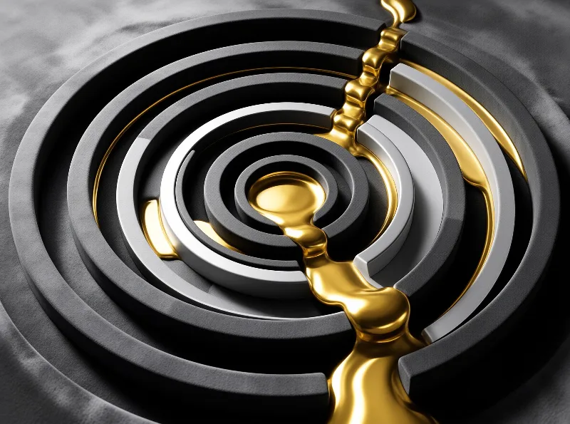 Thick glossy gold liquid flows through carved grooves of a dark spiral maze structure.