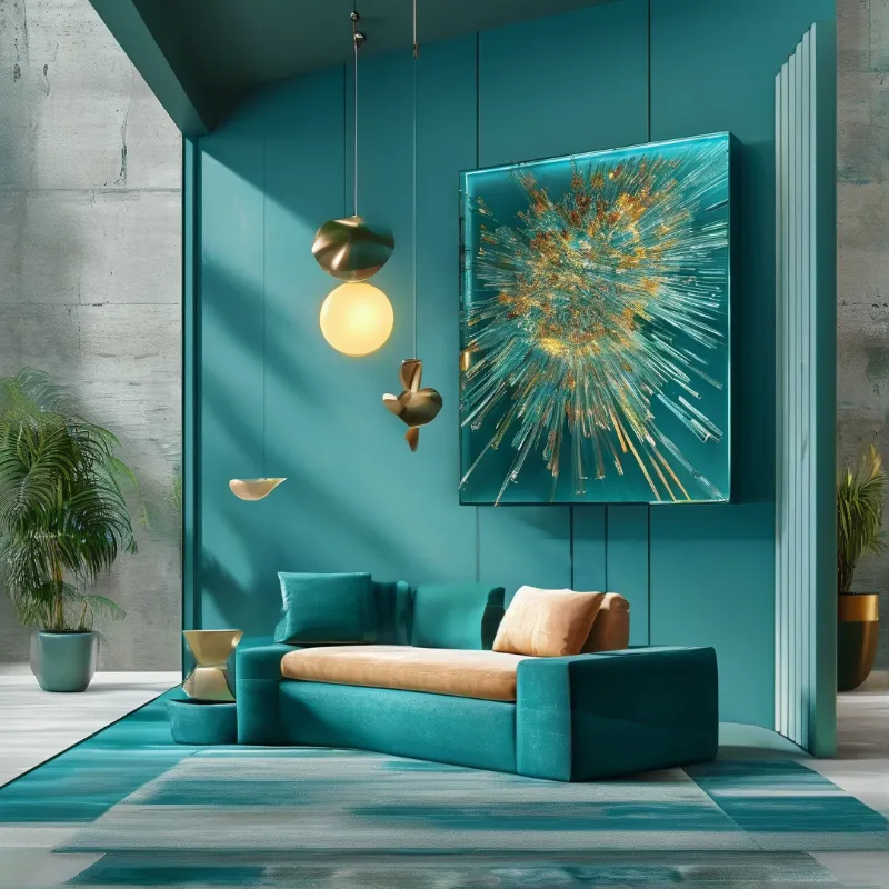Modern interior shows teal seating with tan cushions beneath abstract explosion art and geometric hanging lights.