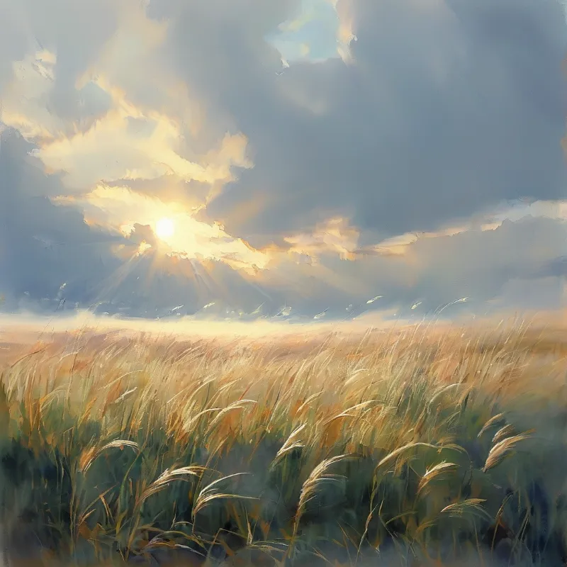 Golden wheat stalks sway across a wide open field while soft sun rays burst through thick blue clouds at the horizon.