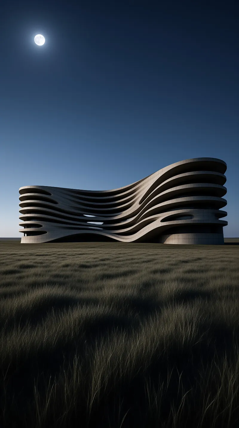 Wavy Building Under Moonlight