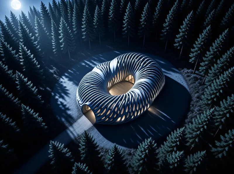 A ring shaped pavilion with white slatted ribs glows warmly beside dark pine trees under a bright moon.