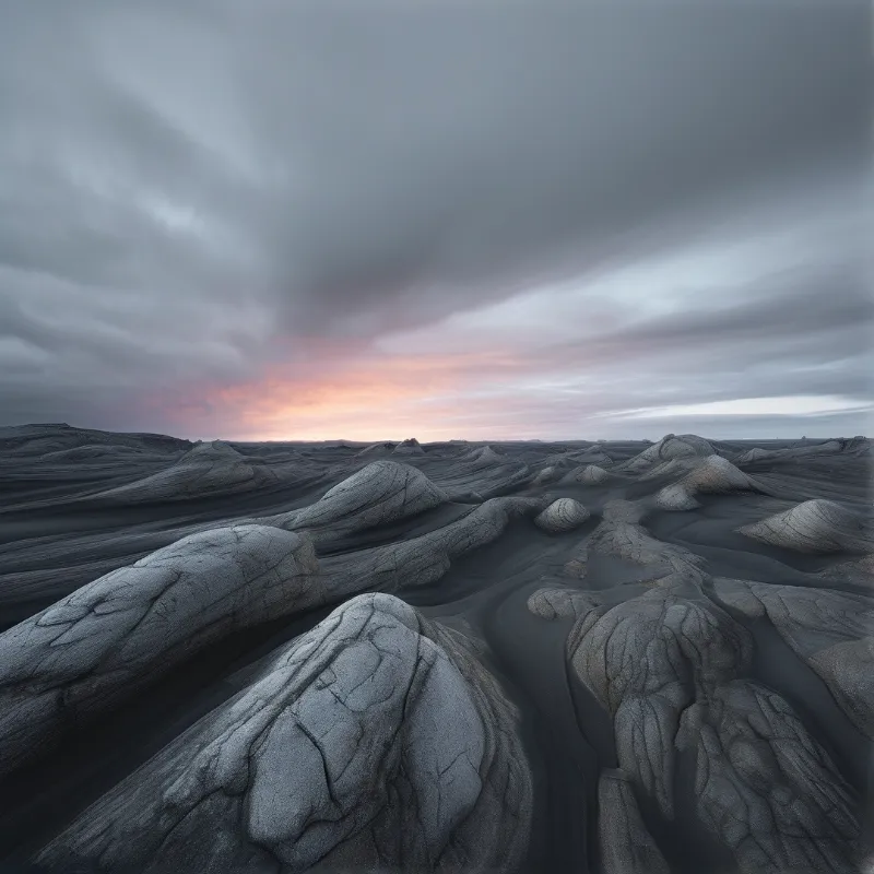 Smooth grey rock formations rise from a desolate landscape beneath a cloudy sky glowing with pink light near the horizon.