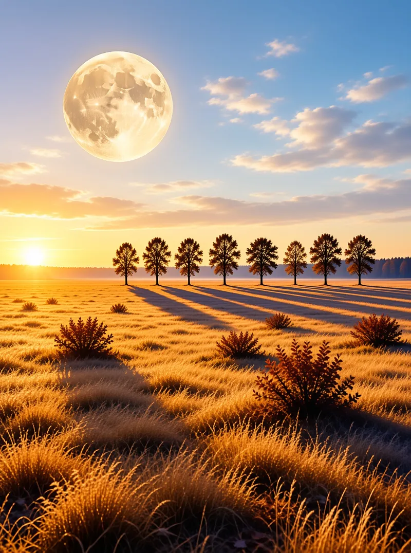 A massive bright moon hangs in the sky above a line of trees casting long shadows across a golden grassy field during sunset.
