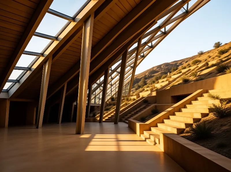 Warm golden light falls across the slanted timber frame structure next to a dry terraced hillside dotted with low desert shrubs.