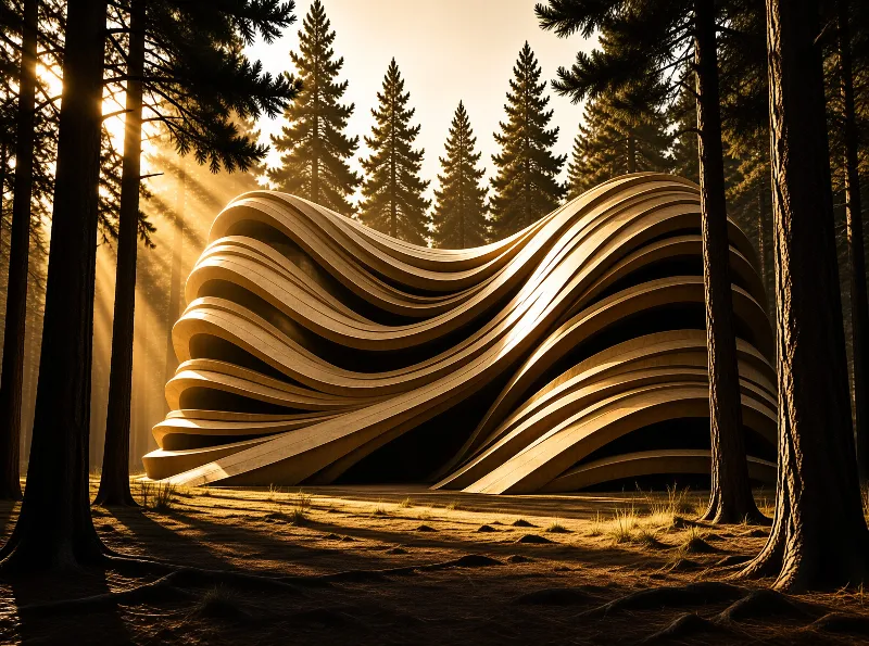 A curving building made of layered wooden strips stands among tall pine trees as golden sunlight streams through the forest.