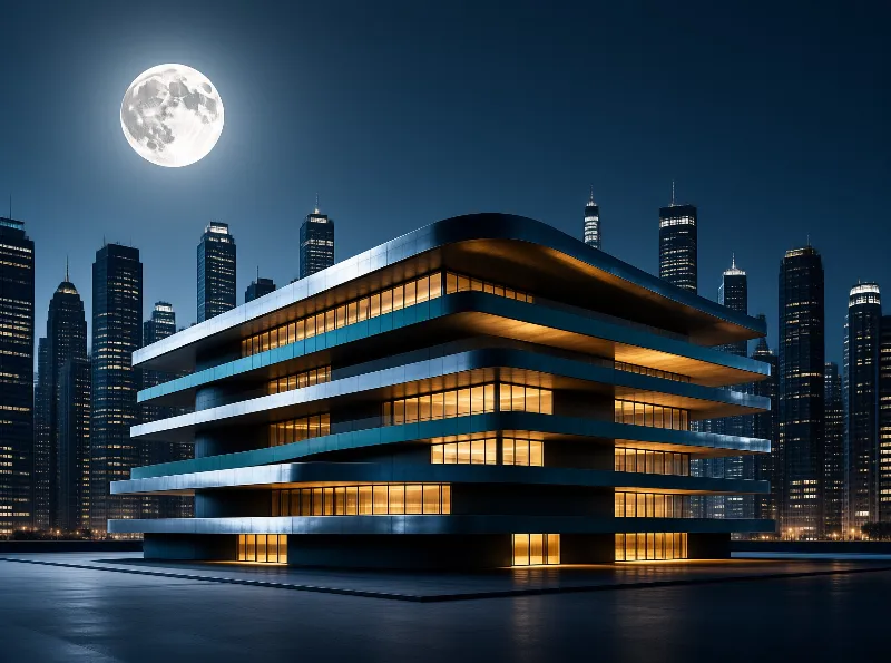 A modern building with layered curved metal facades glows warmly against a dark city skyline under a bright full moon.