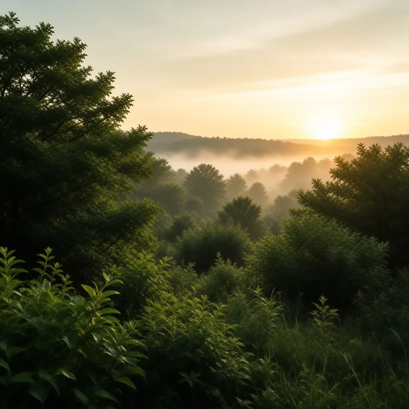 Foreground foliage frames a misty valley where sunlight illuminates fog rolling over distant tree lines.