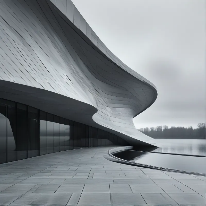 A futuristic structure with undulating metal panels stands next to a calm body of water under an overcast sky.