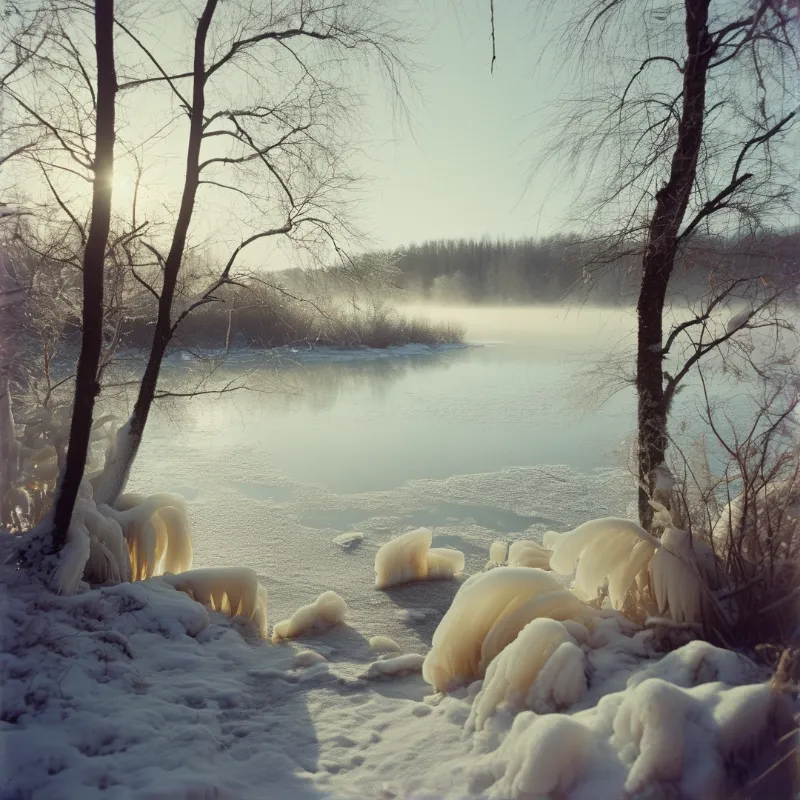 Frost coated trees border a half frozen lake, low sun lights warm ice chunks and snow banks, mist hangs over the far water