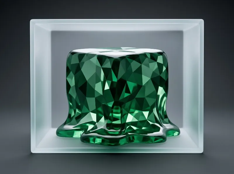 A faceted green crystal melts at the base inside a thick walled square glass container against a dark grey background.