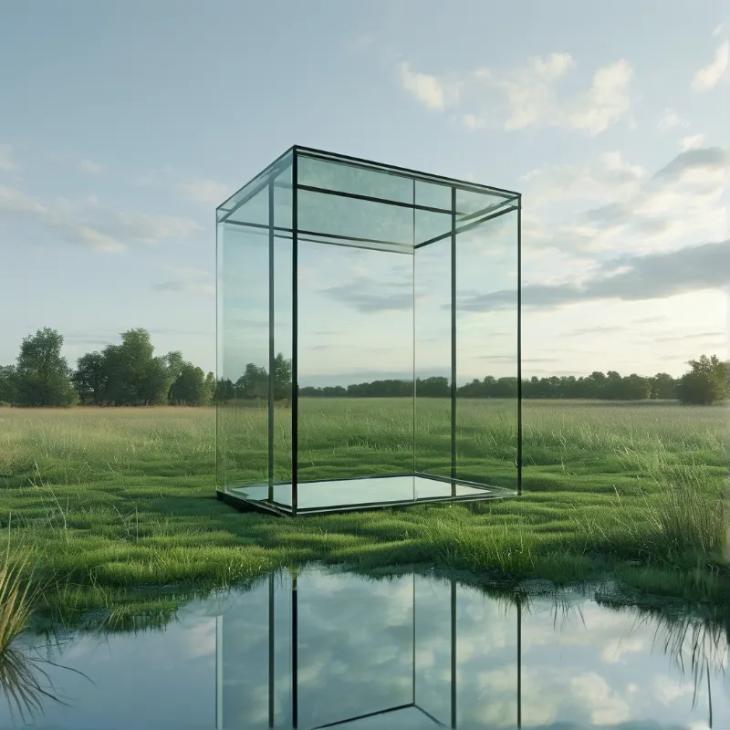 An empty glass box stands in a green marshland, its transparent frame and mirrored pool below reflect the soft pale morning sky.