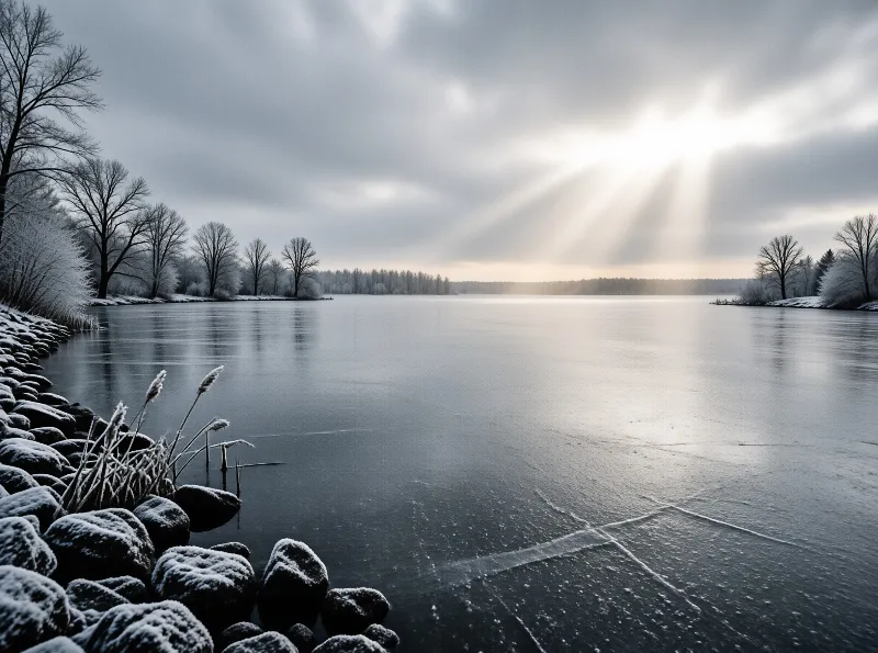 A vast frozen body of water stretches towards a horizon where sunlight bursts through heavy clouds above snowy trees.