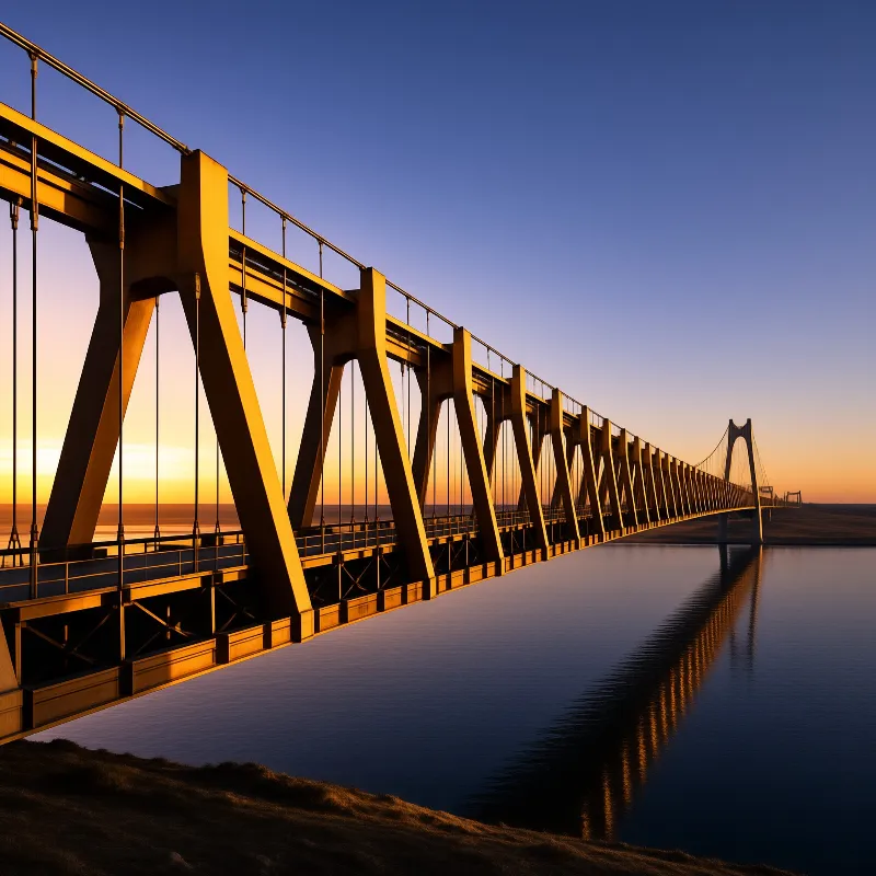 A long yellow suspension bridge stretches across still water under a gradient sky transitioning from orange to blue at dusk