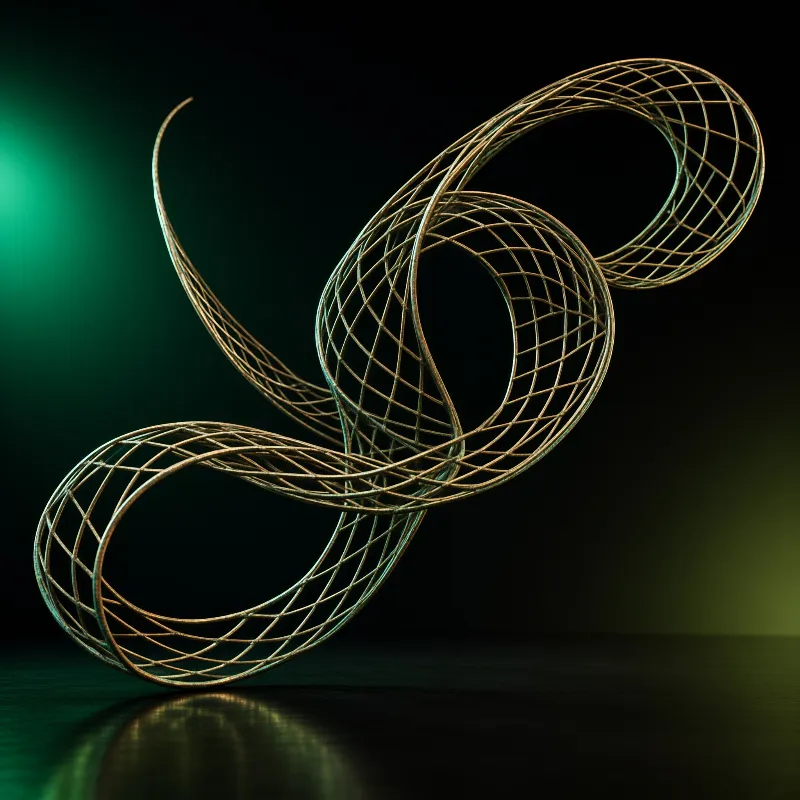 A twisted metallic ribbon made of interwoven golden wires floats above a dark reflective surface in green ambient light.