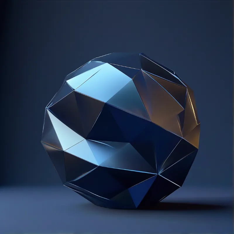 A faceted blue low poly sapphire sphere sits on a dark blue surface, with warm highlights on its sloped angular facets.