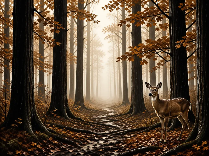A brown deer stands alert among tall trees covered in orange leaves during a foggy morning within the dense woodland.