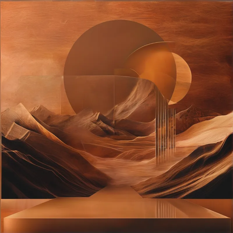 Layered rust and golden geometric crescent discs loom over undulating rippled sand dunes washed in warm monochromatic brown light.