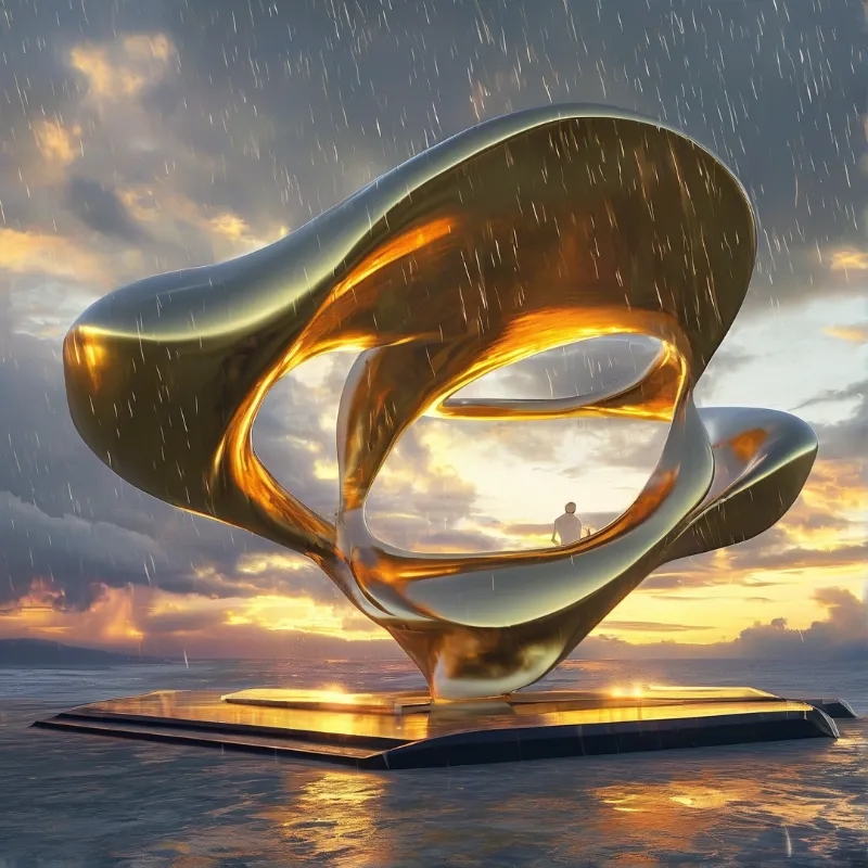 A massive gold loop structure stands on a platform in the rain while a lone figure looks out toward the bright horizon.