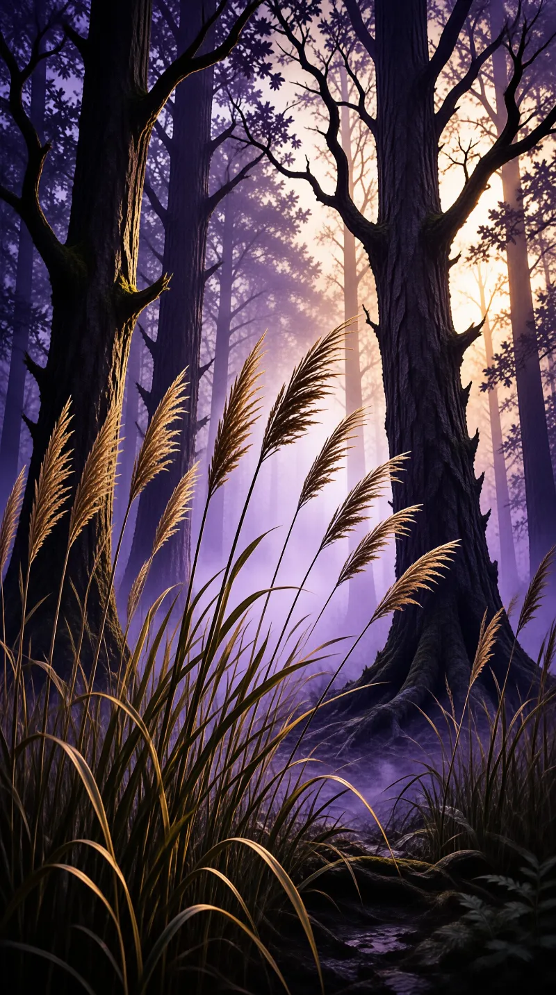 Tall golden grasses grow at the base of ancient trees under a soft lavender haze and warm sunlight.