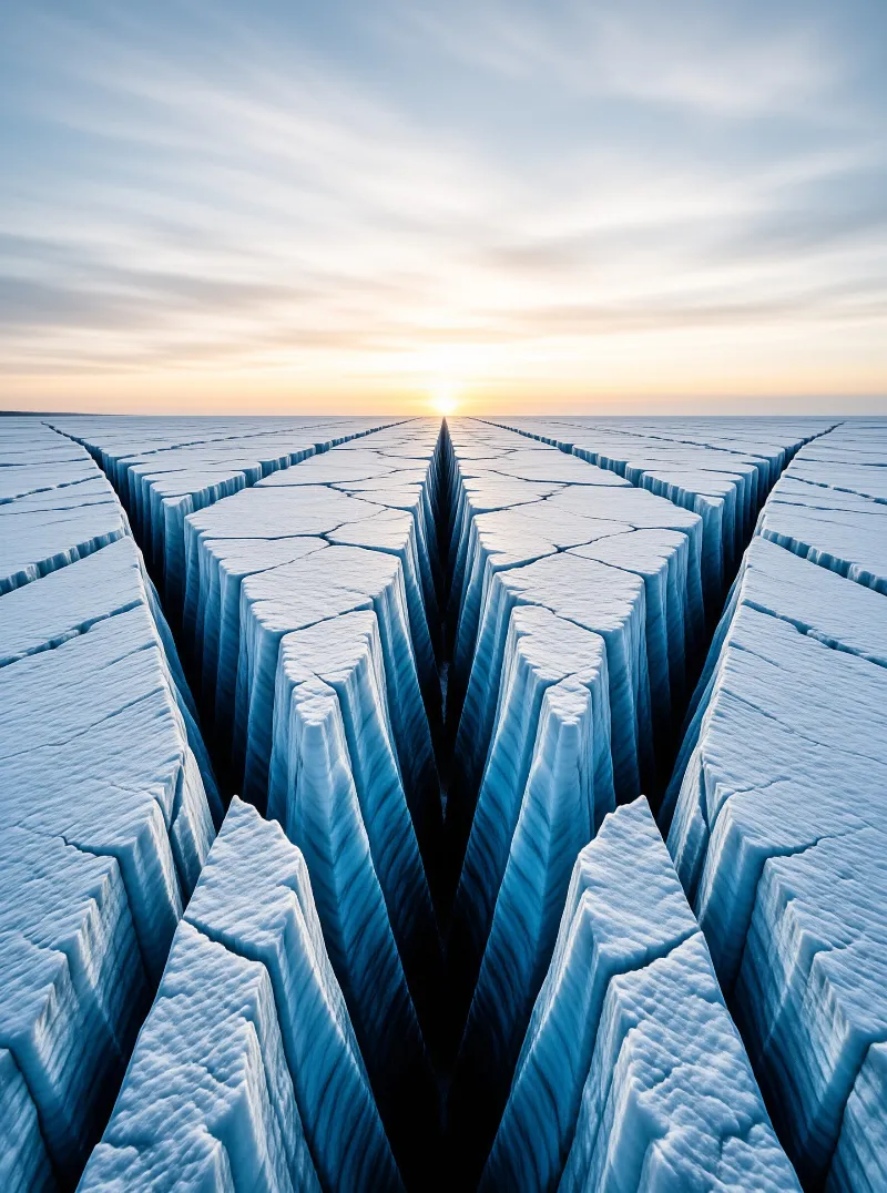 A surreal view of blue ice pillars with rough textures leads the eye toward a bright sun setting on the horizon.