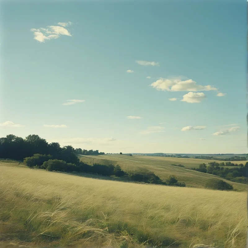 Wide rolling grassy hills with scattered dark trees sit beneath a pale blue sky dotted with small fluffy white clouds in warm sunny light.
