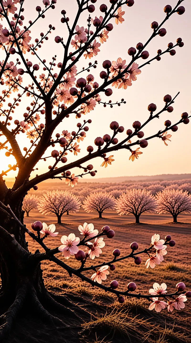 Pink flowering branches frame a distant orchard landscape bathed in warm golden hour sunlight.