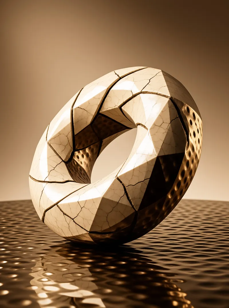 A torus of crazed cream ceramic tilts on a hammered bronze surface, its faceted shell split by fine dark fissures.