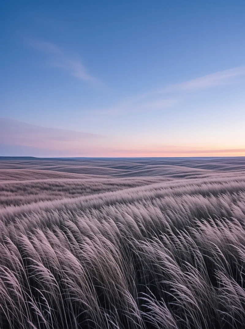 Tall silver grass ripples across a vast horizon beneath a sky shifting from blue to soft orange.