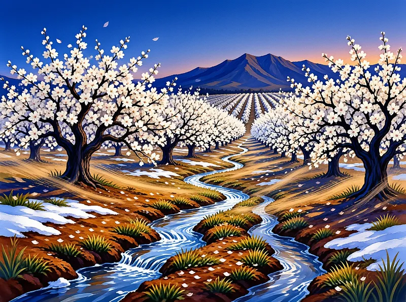 White blossom trees in a snowy orchard flank a winding stream that leads toward blue mountains under a gradient dawn sky