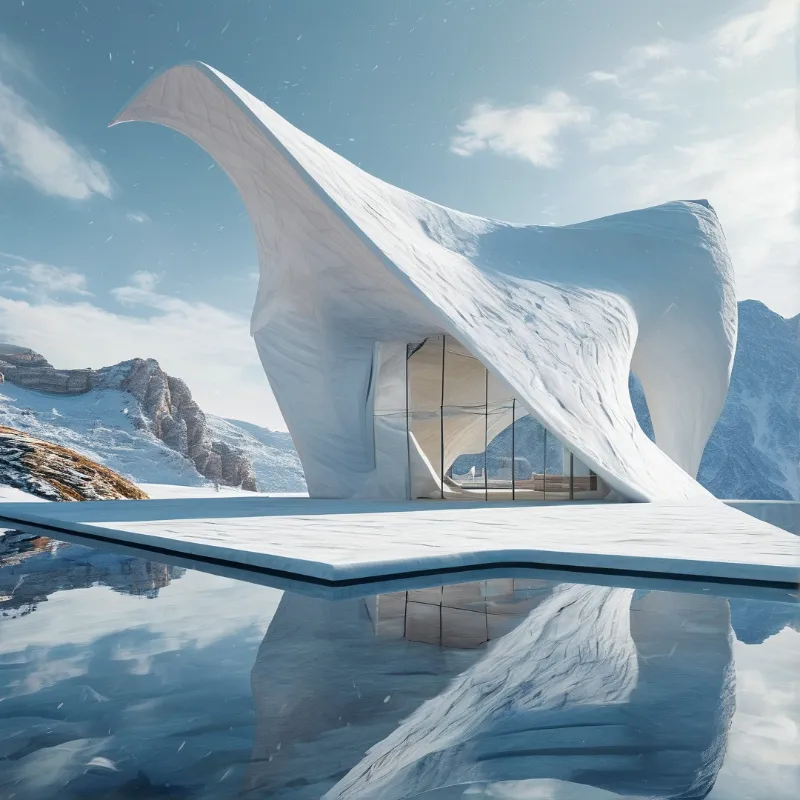 A smoothly curved white building rests above a still pond at snow capped mountain bases under bright sunny daylight.
