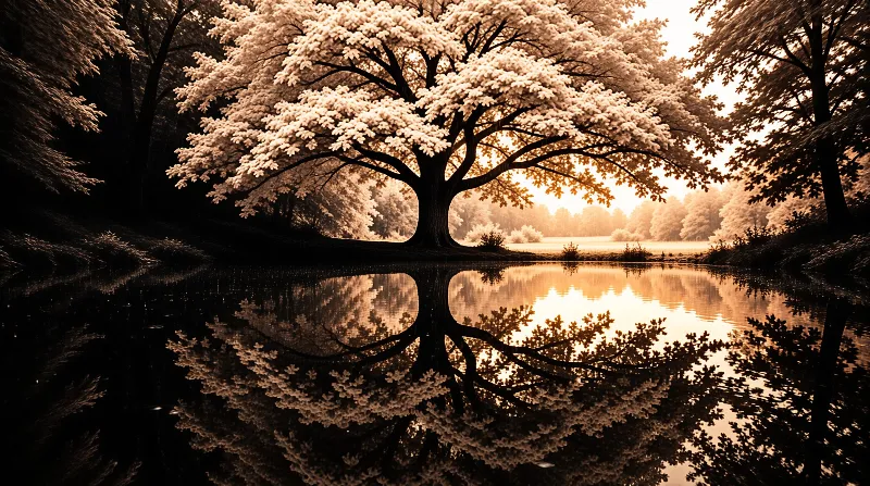 A large leafy tree stands by a still pond, its silhouette and foliage mirrored perfectly in the water under warm sepia tones.