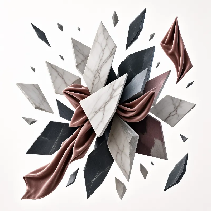 An abstract 3D rendering featuring a dynamic explosion of white marble triangles and dark stone fragments mixed with flowing bronze-colored fabric folds. The geometric shards radiate outward from a central cluster against a plain white space, creating a sense of suspended motion and contrasting textures between hard st