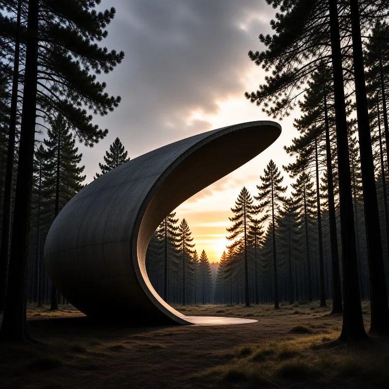 A massive curved architectural form sits amidst tall conifers as orange sunset light glows through the distant tree line.
