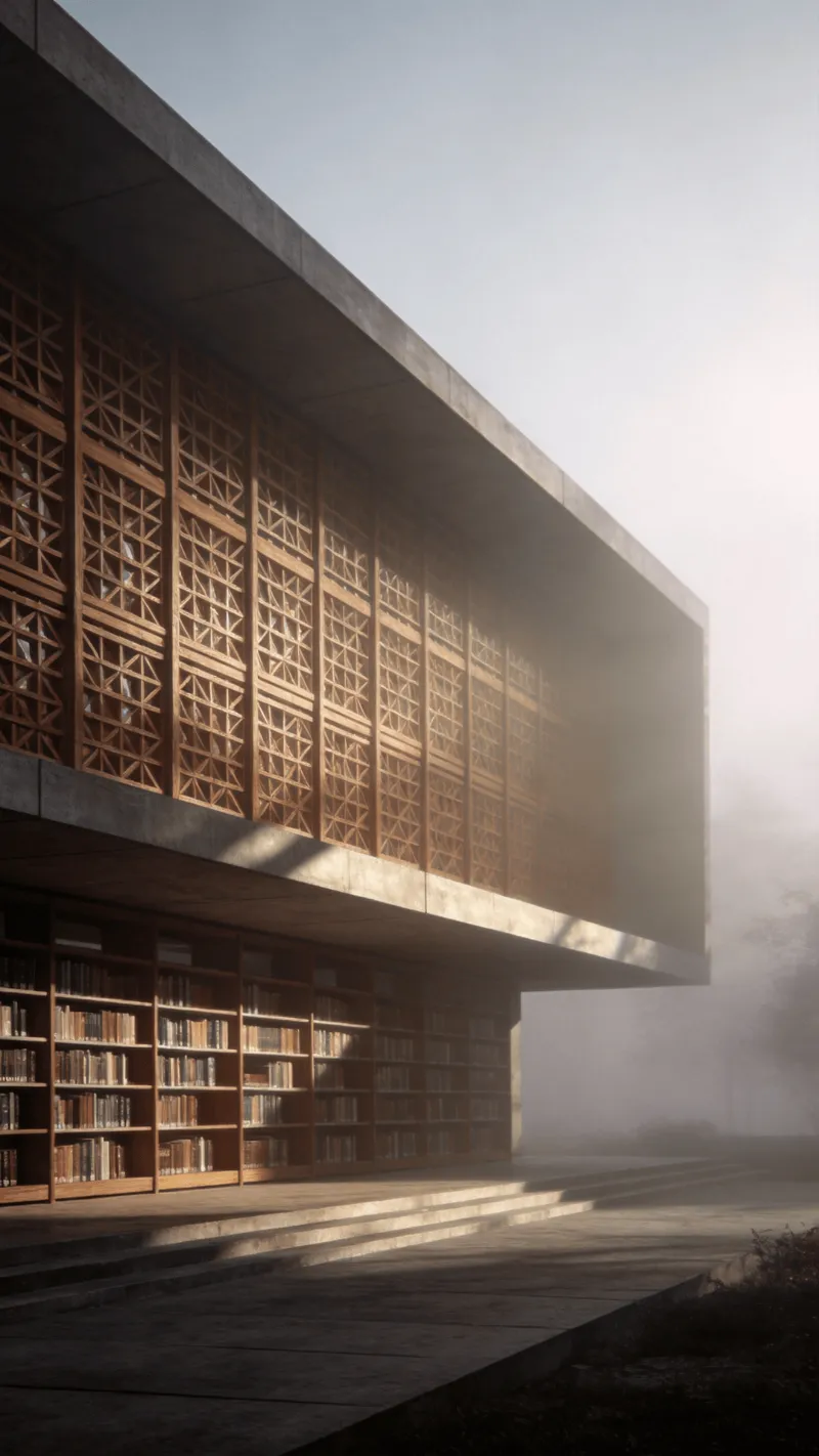 Library in Foggy Morning