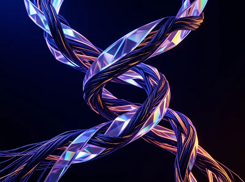 Dark fibrous cables and iridescent crystal facets twist together in a glowing helix against a black background.