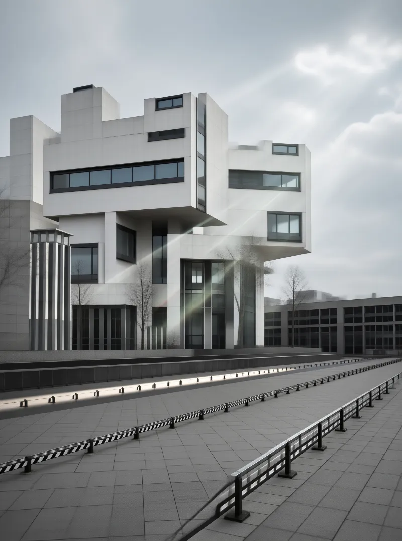 Cubist Pavilion in Overcast Plaza