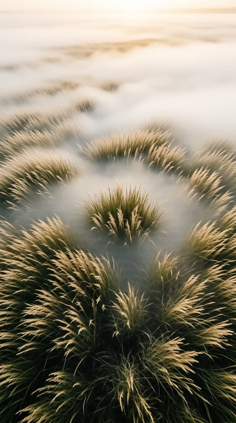 Clusters of golden grass rise vertically from a field covered in thick white fog.