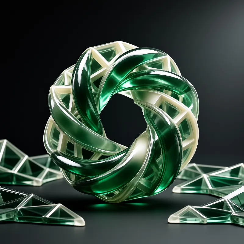 Glossy green and white twisted glass knot sculpture rests on a dark surface surrounded by scattered geometric fragments.