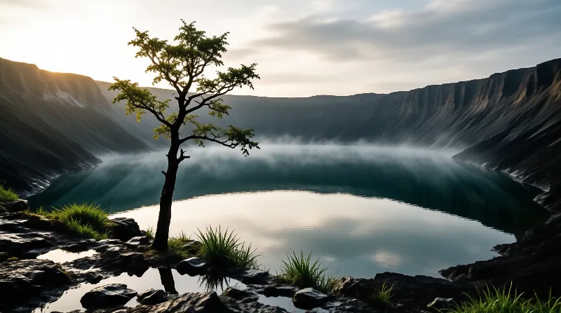 A slender tree leans over rocky ground beside a calm volcanic crater lake veiled in drifting morning mist.
