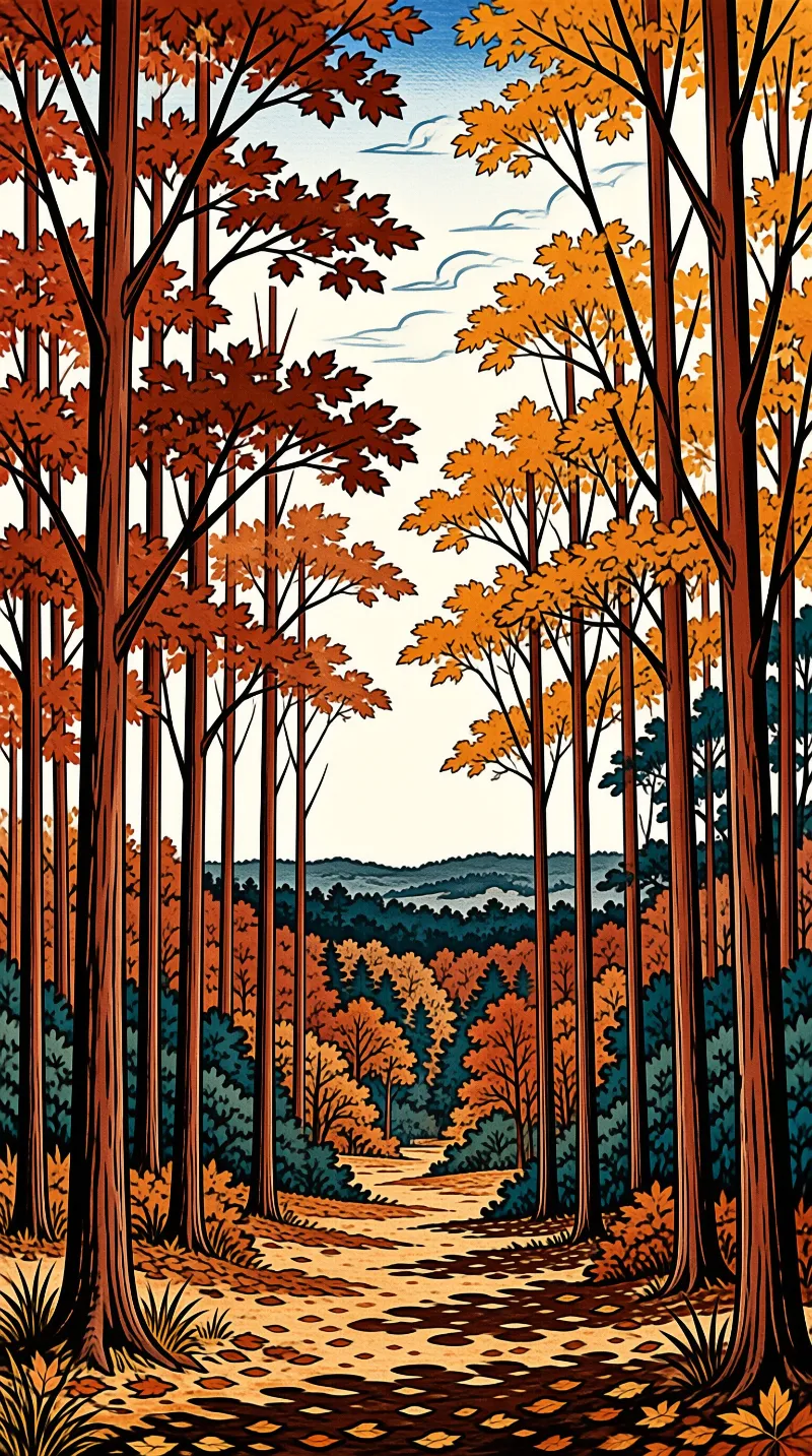 A winding dirt trail cuts through dense woods filled with vibrant orange and red foliage under a pale blue sky.