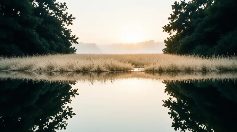 Tall golden grasses line a calm lake mirroring surrounding dark trees and soft hazy morning light.