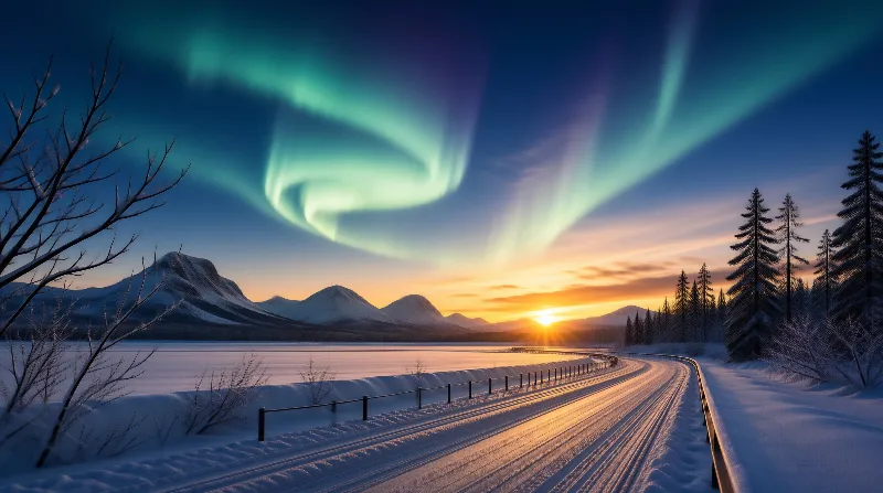Aurora Over Snowy Road