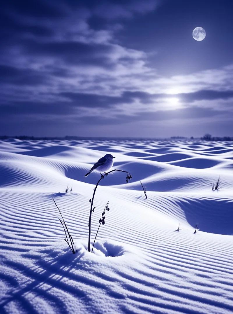 A small bird rests on a dry twig rising from a vast blue snowy field beneath a cloudy night sky with a visible moon.